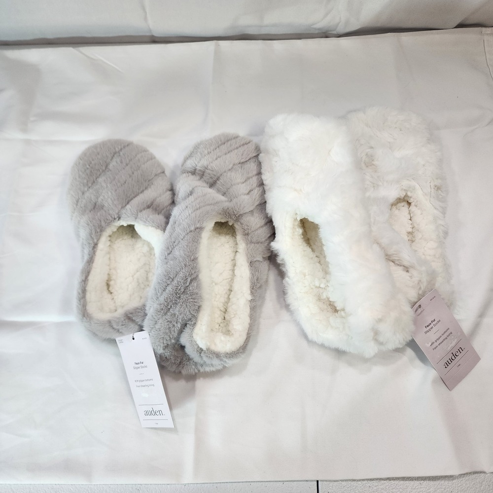 Auden Faux Fur Slipper Socks/gripper M/L 8-10 Gray/ White Lot Of 2 New